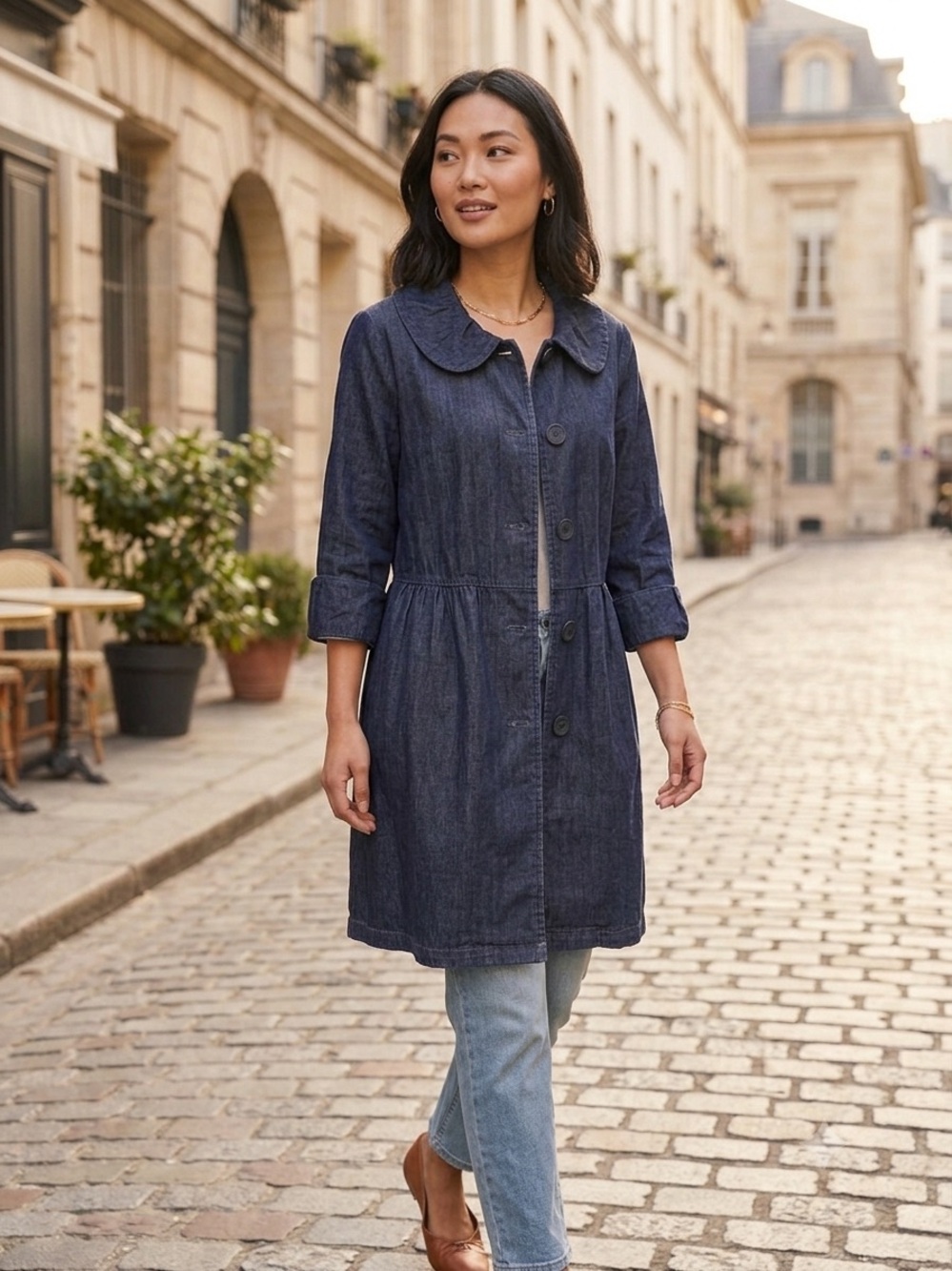 French Cuff Navy Denim A-Line Coat with Rounded Collar